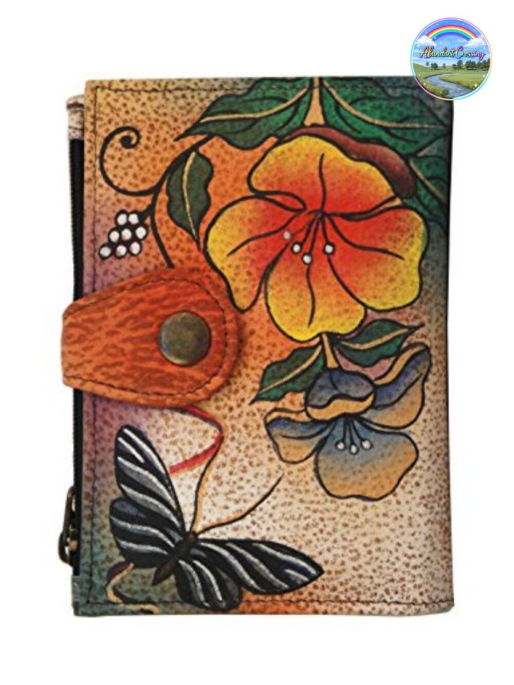 Hand Painted Genuine Leather Ladies Wallet Floral Butterfly Continental